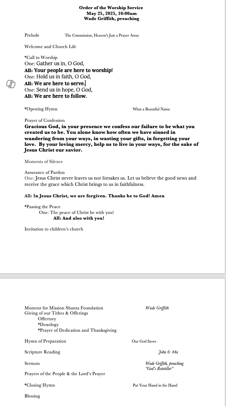 The Worship Service for the Sixth Sunday of Easter, May 25, 2025 at 10:00am